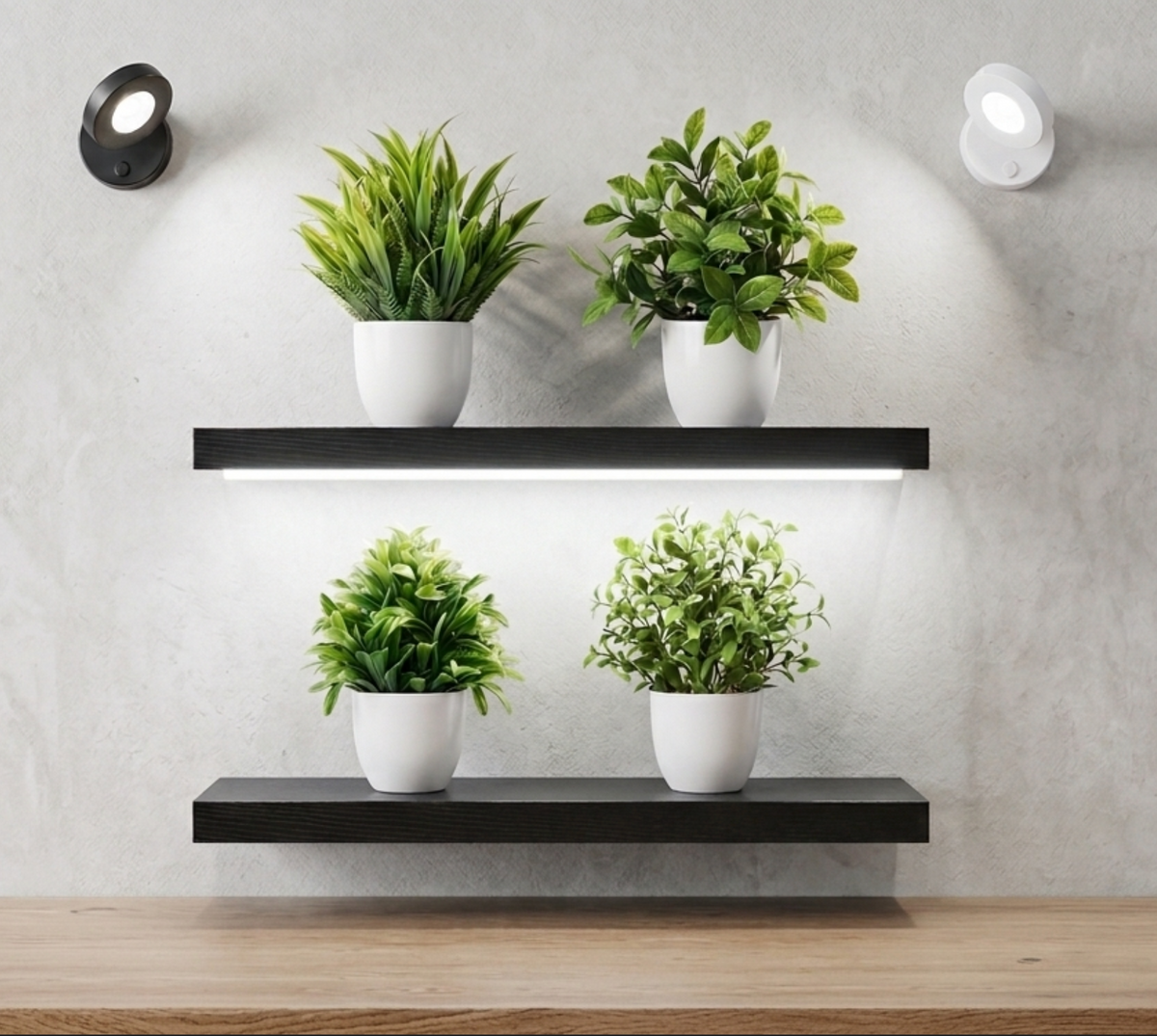 So'Pack 2 étagère, 4 fausses plantes, 2 lampes adhésives + une bande led 2m offerte !